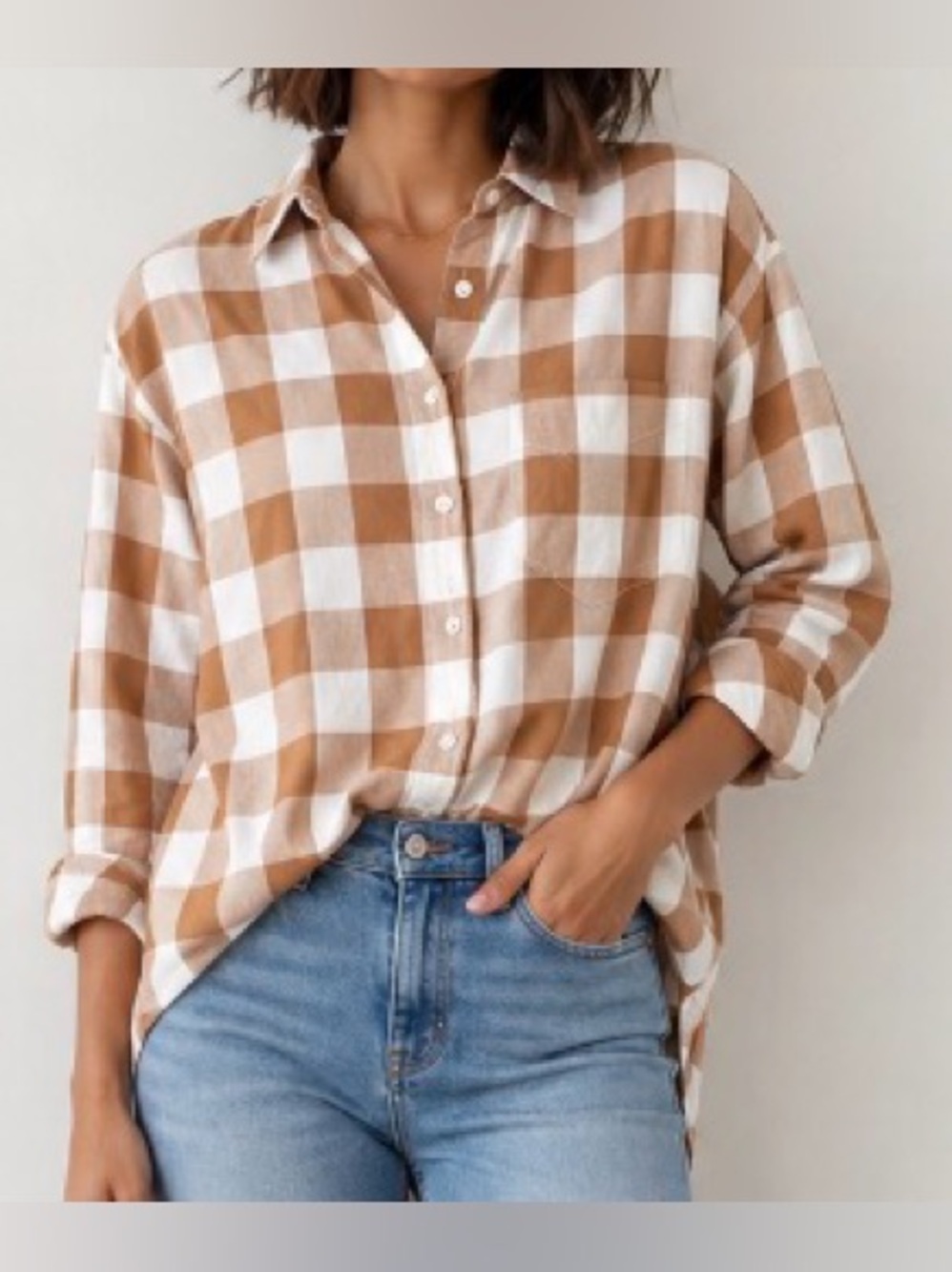 MAEVE Tan and White Buffalo Plaid Cotton Button Down Size XS-MP